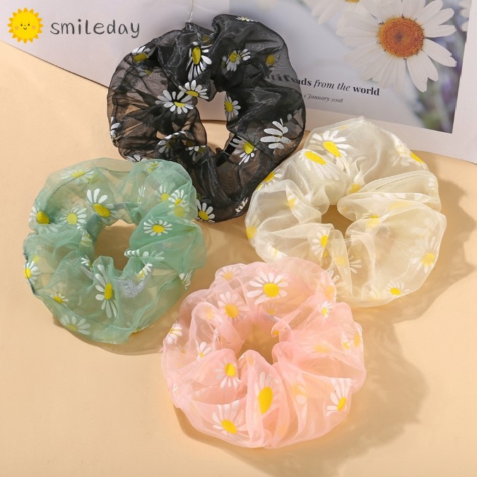 Scrunchie Bahan Sifon Motif Bunga Daisy Premium / Ikat Rambut Sifon Korea / Mesh Scrunchie / Tiki