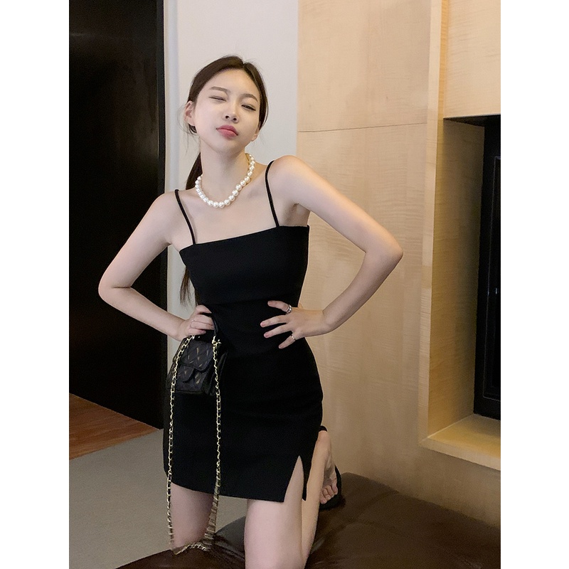 Mini Dress Hitam Celah Seksi Suspender Gaun Wanita Musim Panas Perancis Temperamen Buka Belakang Pin