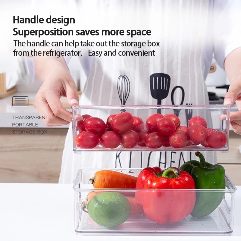 1PCS Refrigerator Organizer Stackable Boxes With Cutout Clear Plastic Handle Kitchen Organizer Accessories ,for Fridge, Kitchen, Pantry, Cabinets, Cosmetics and Countertops