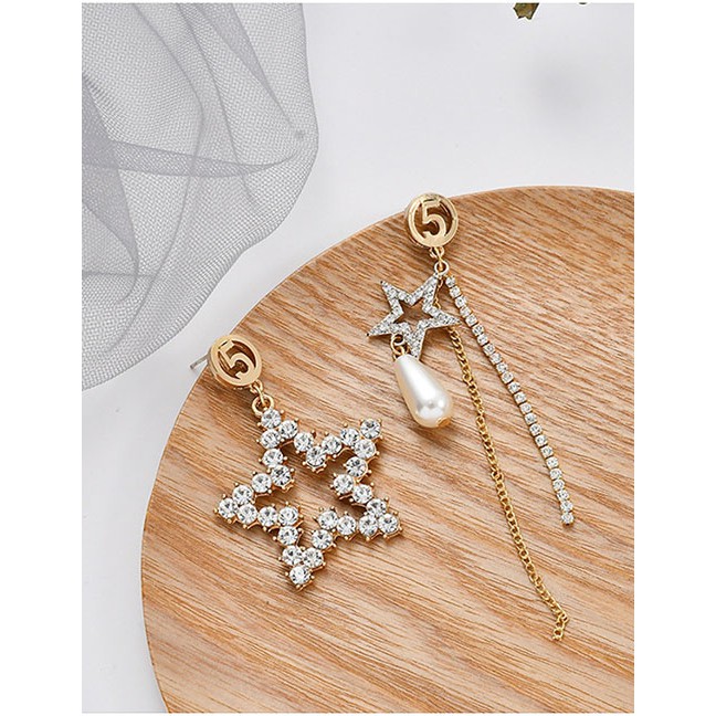 LRC Anting Tusuk Fashion Gold Asymmetrical Star Rhinestone Artificial pearl Tassel Earrings D40210