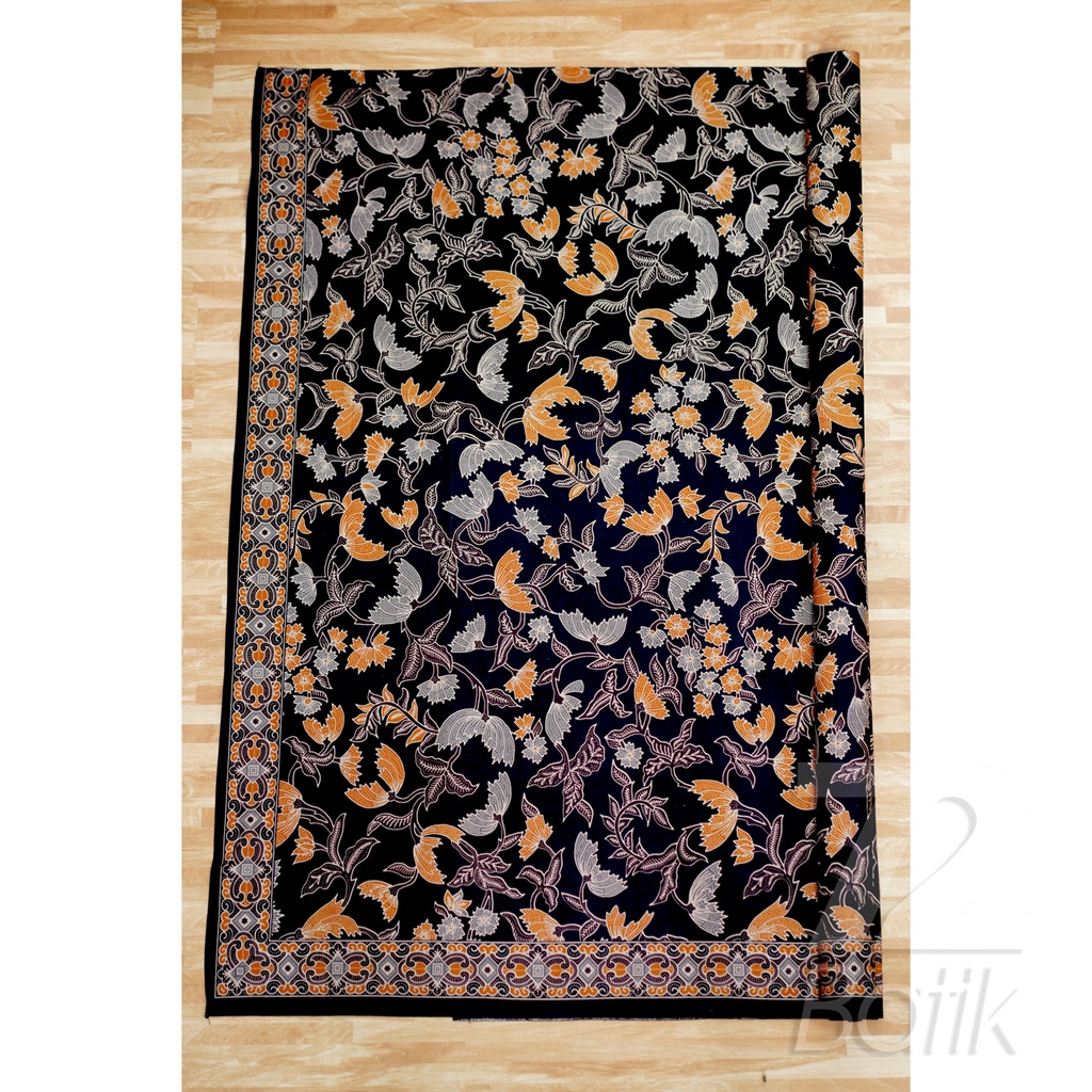 KAIN BATIK KATUN Premium Motif Kembang Warna Hitam Orange Oranye 724879 Cap 72 Jarik Jarit Samping Kebat Panjang Batik Katun Modern Premium Bahan Seragam Batik Pernikahan Kantor Keluarga Murah Kamen Jadi Batik Bali Lembaran