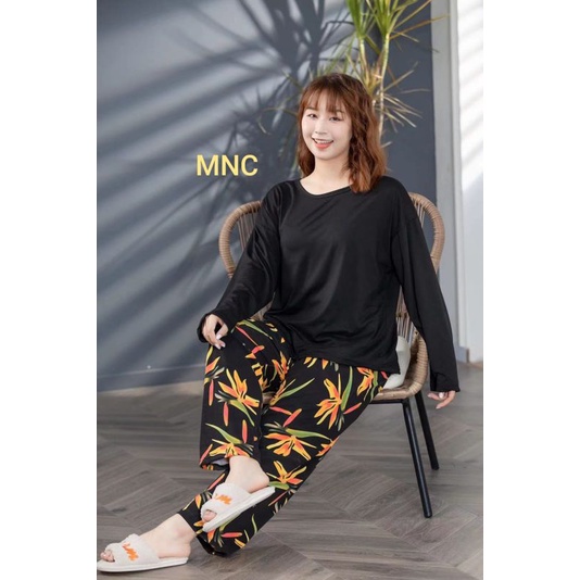 PIYAMA PP WANITA IMPORT SPANDEX|BIGSIZE|JUMBO/SET OVERSIZE/BAJU TIDUR lengan panjang-PPSJ.BLACK BUNGA