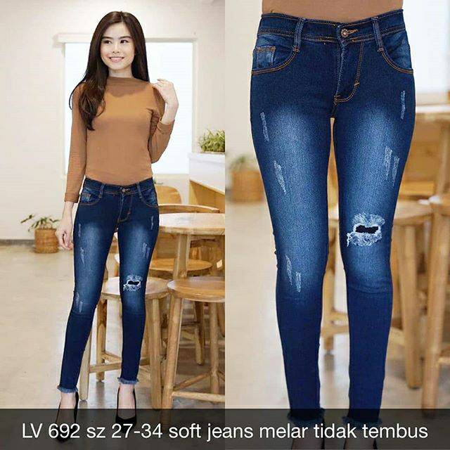 Celana Jeans Wanita Lv 692 Ripped Sobek Big Size Branded Skinny Stretch Murah