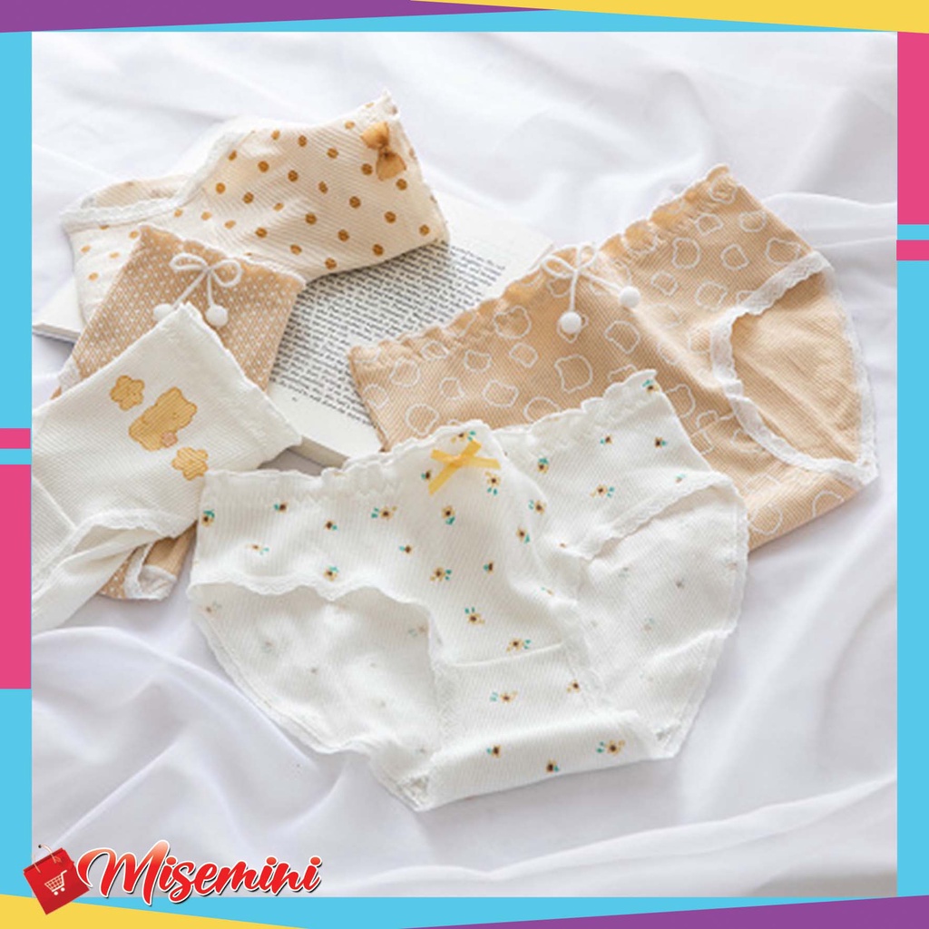 Ⓜ️𝟲𝟳𝟲Ⓜ️️Celana Dalam Wanita Renda Pita Motif Beruang Young Girl Briefs Mid Waist Milk Tea Polka Dot Bear Underwear