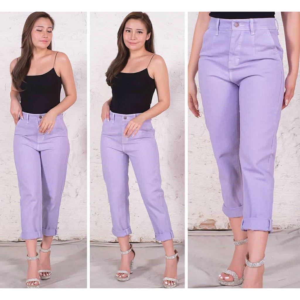 Celana Boyfriend Jeans Wanita Warna Putih Lilac