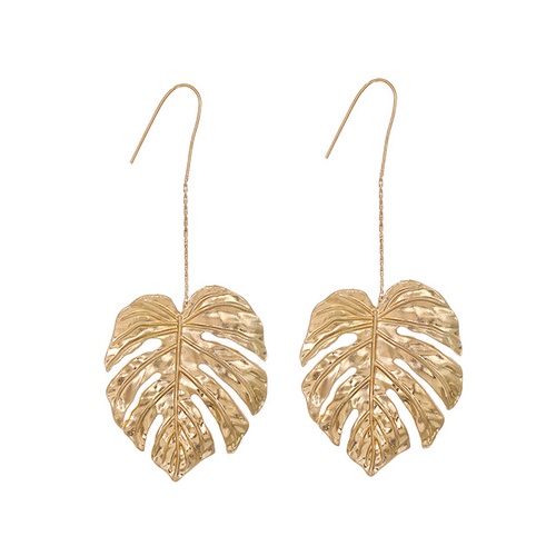 LRC Anting Gantung Fashion Golden Alloy Leaf Earrings