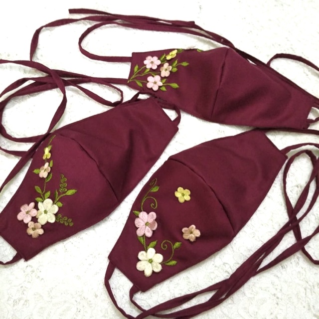 Masker handmade, masker bordir timbul motif bunga. masker sulam