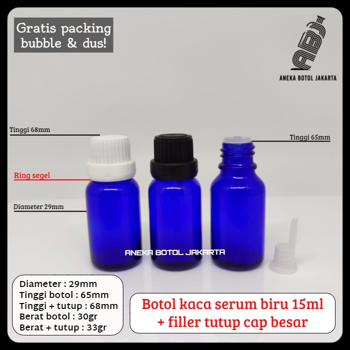 Botol kaca serum biru 15ml filler tetes segel cap besar
