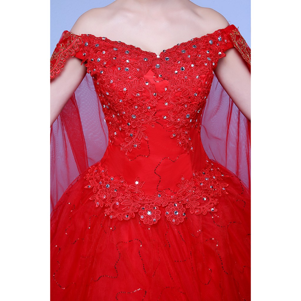 Import Wedding Dress Women Fashion Off Shoulder White and Red Long Tail Bridal Wedding Gown Dress