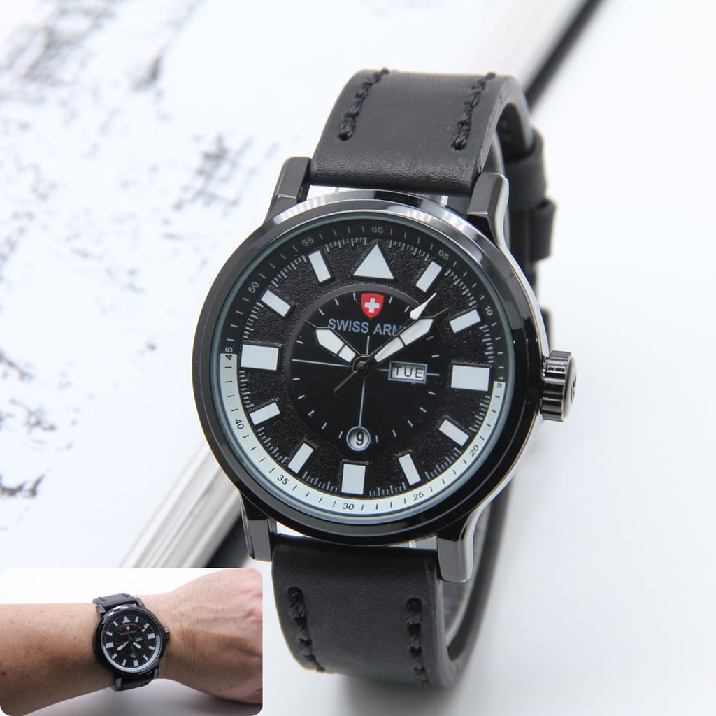 (COD) Jam Tangan Pria S3675A Aj Tanggal Hari Aktif Tali Kulit Free Box & Baterai Cadangan - Jam Tang