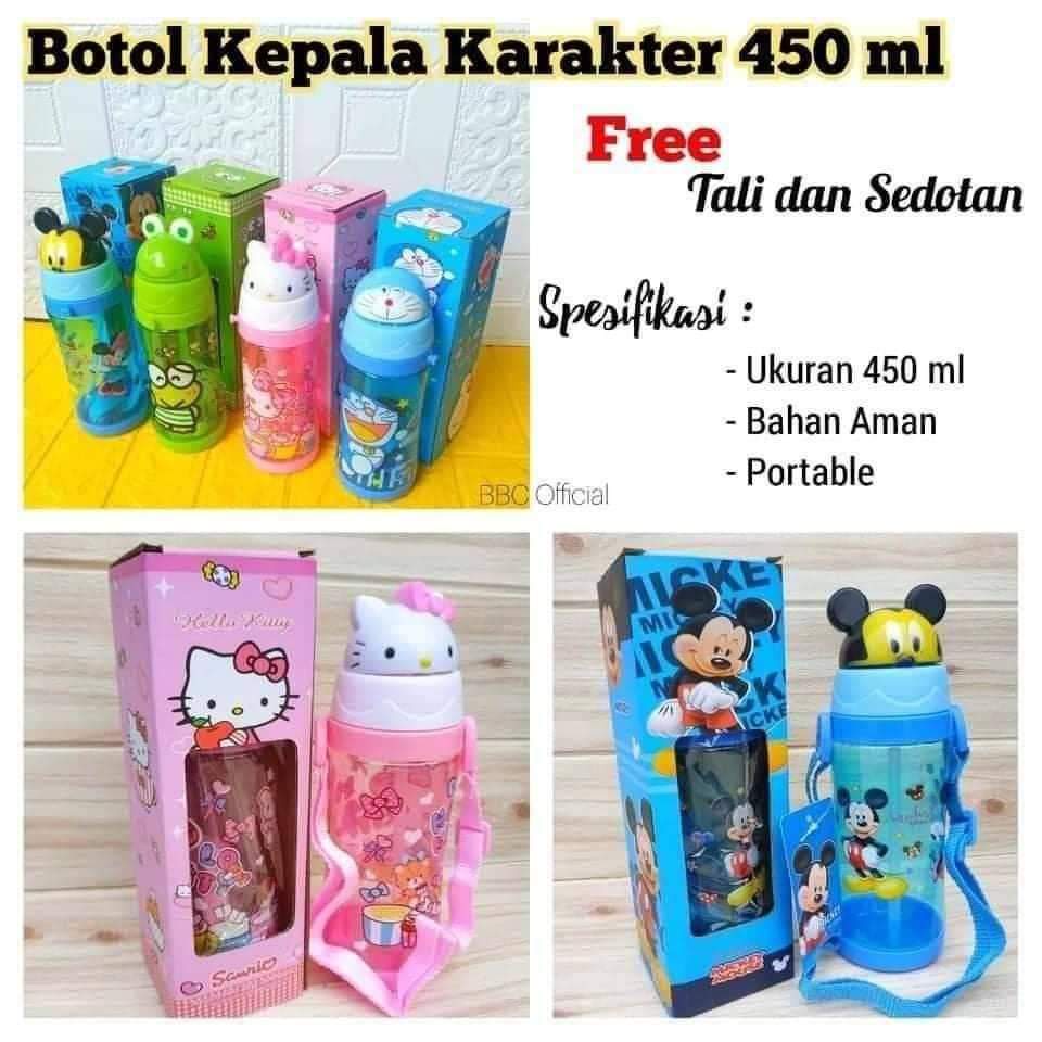 BELLA - BOTOL MINUM ANAK 450ML KEPALA KARAKTER KEROPI MICKEY DORAEMON, HELLO KITTY ADA STRAP