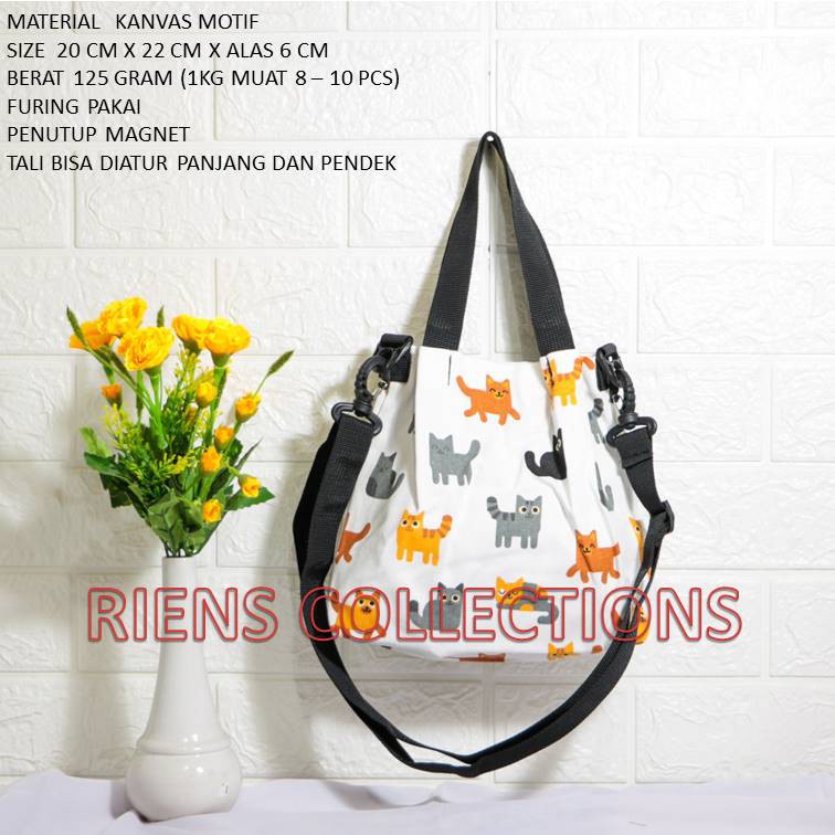 RIENS COLLECTIONS. SLING BAG TAS SELEMPANG KANVAS MOTIF KUCING LATAR PUTIH