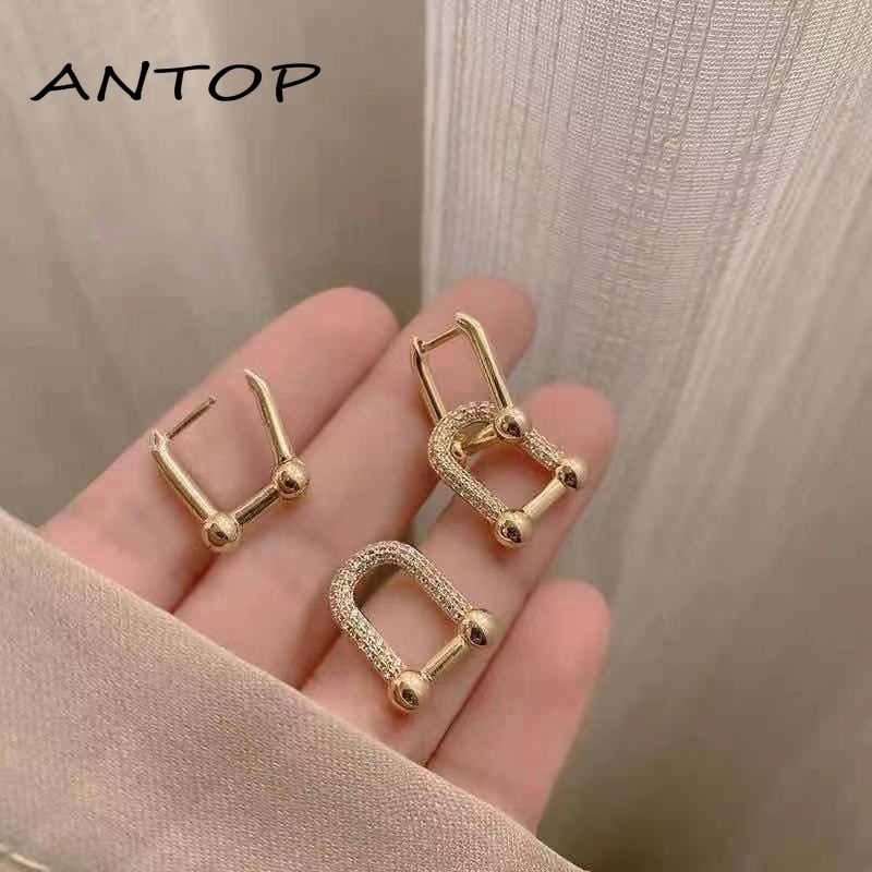 Fashion Bertatahkan Zirkon Berbentuk U Anting-Anting Emas Cincin Ganda Saling Geometris Dilepas Retro Telinga Stud Minoritas Perhiasan Untuk Wanita ANTOP