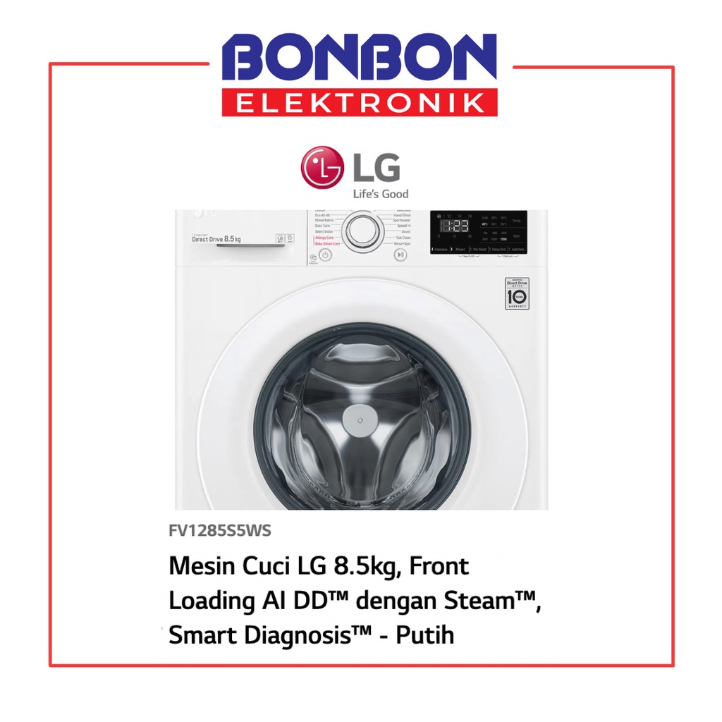 LG Mesin Cuci Front Loading 8.5KG FV1285S5WS Inverter Smart AI DD w/ Steam