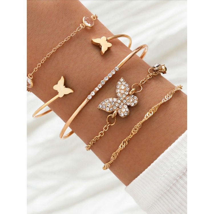 5pcs / Set Gelang Model Terbuka Desain Kupu-Kupu Hias Berlian Gaya Korea Bohemian Retro