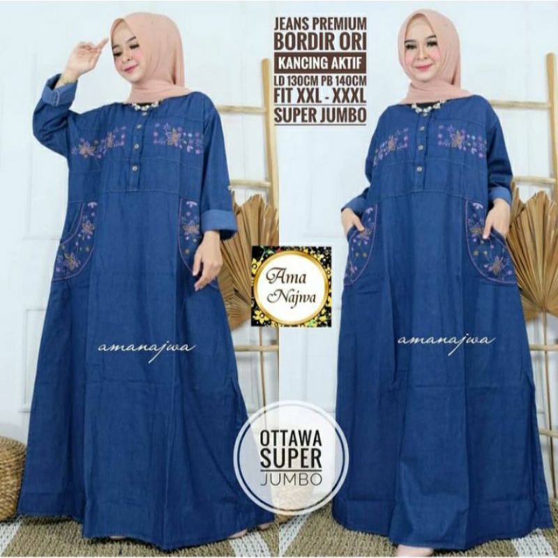 gamis jeans bordir super jumbo wanita terbaru