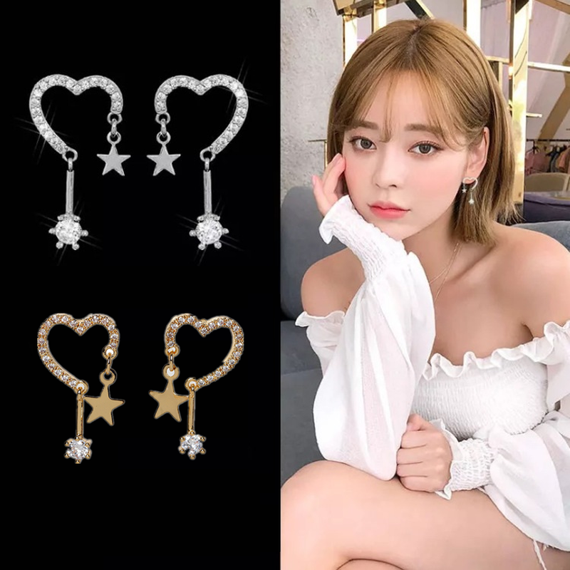 Anting Tusuk Gantung Bahan Sterling Silver 925 Desain Bintang + Hati + Rumbai Gaya Korea / Sexy Untuk Wanita