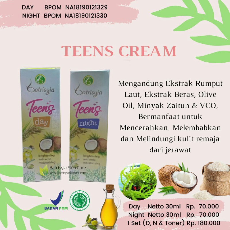 Paket Teens Care Batrisyia Herbal (Day Cream, Night Cream, Toner)