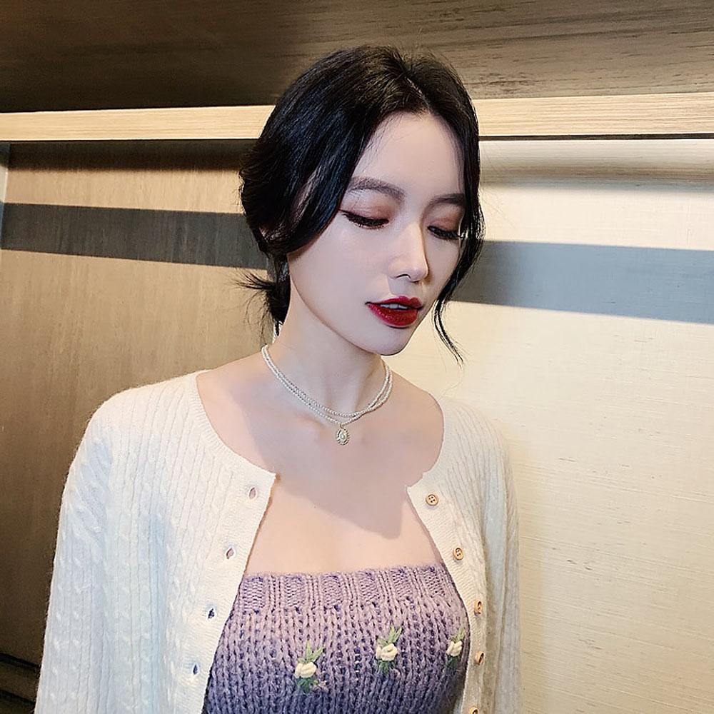 Agustina Kalung Liontin Trendi Untuk Wanita Mutiara Lapisan Ganda Kerah Vintage Aksesoris Fashion