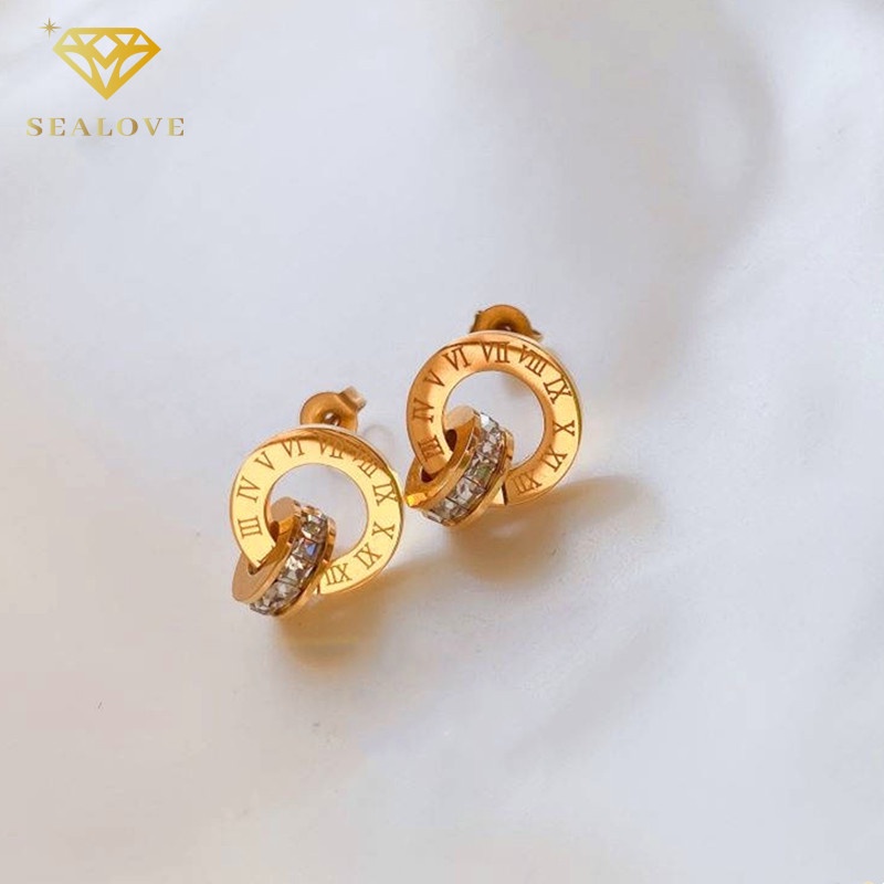 Anting Titanium Anti Karat dan anti luntur asli emas 18k Anting Berlian Angka Romawi Aksesoris Wanita