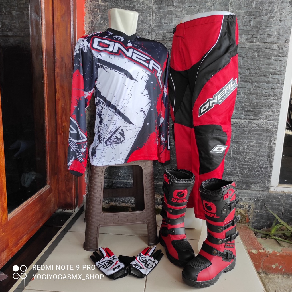 promo satu set sepatu cross trail jersey sett dan glove print terlaris MERAH