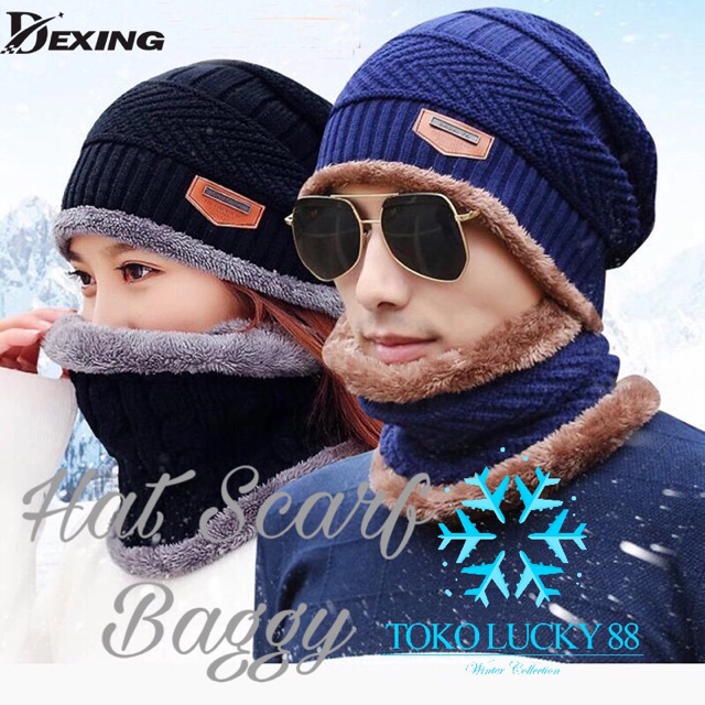 IMPORT Hat scarf baggy fur Topi Syal Bulu Set Musim Dingin Winter