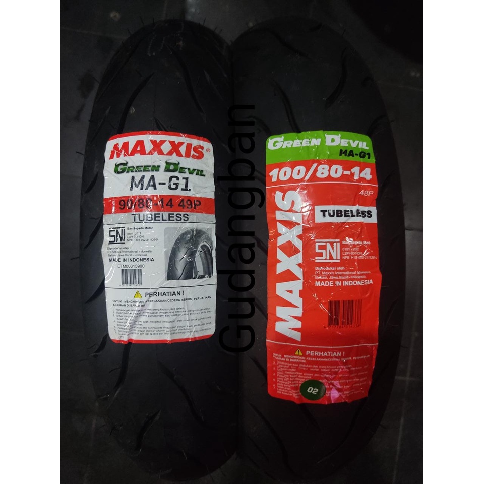 (PAKET 2 BAN RING 14) Maxxis Green Devil  90 80 14 dan 100 80 14 TL Ban Motor MA-G1 FREE PENTIL