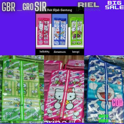 Rak Jilbab Gantung Resleting tanpa saku depan Organizer Serbaguna Motif Karakter UK 29X45