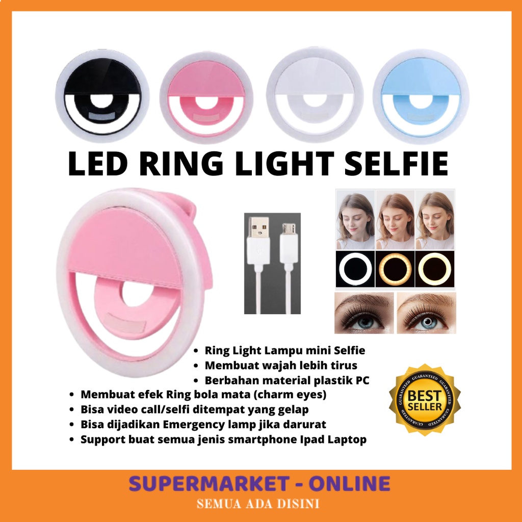 TERLARIS Lampu Ringlight Ring Light LED Lamp Selfi Selfie Jepit Mini Kecil 8cm Buat Handphone HP Tablet Laptop Komputer Baterai Cas Rechargable