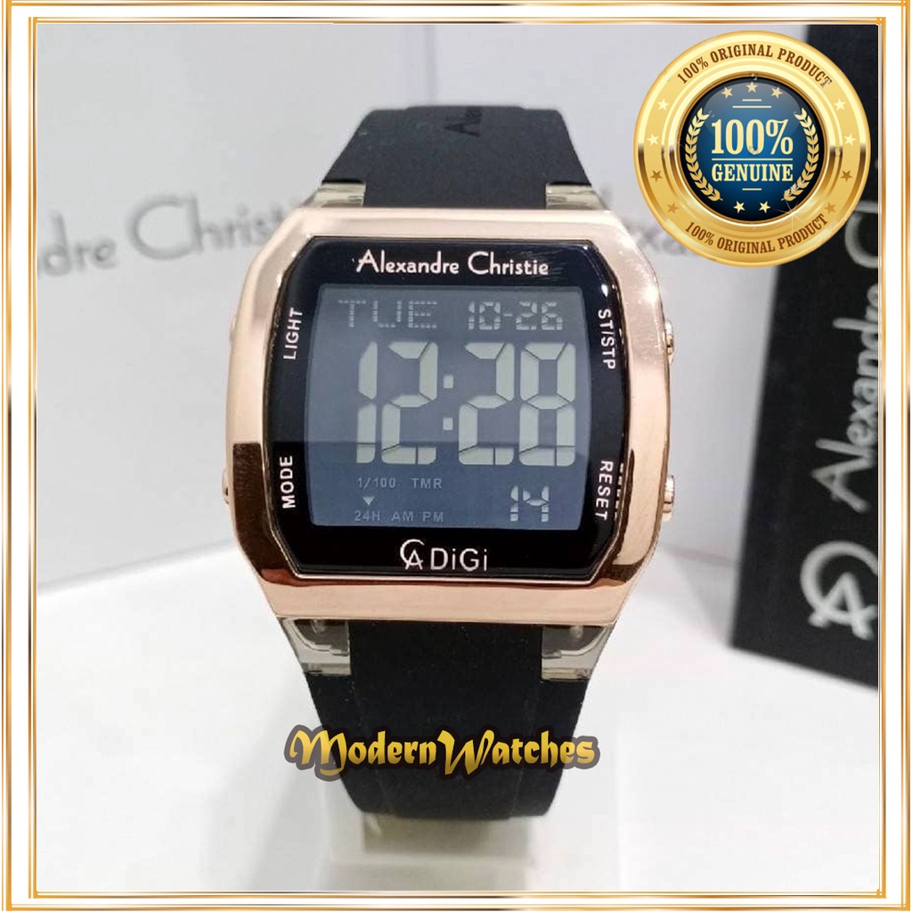 Jam Tangan Pria Digital Ori Alexandre Christie AC 9348 Unisex Full Black Hitam Rubber Tali Karet Ter