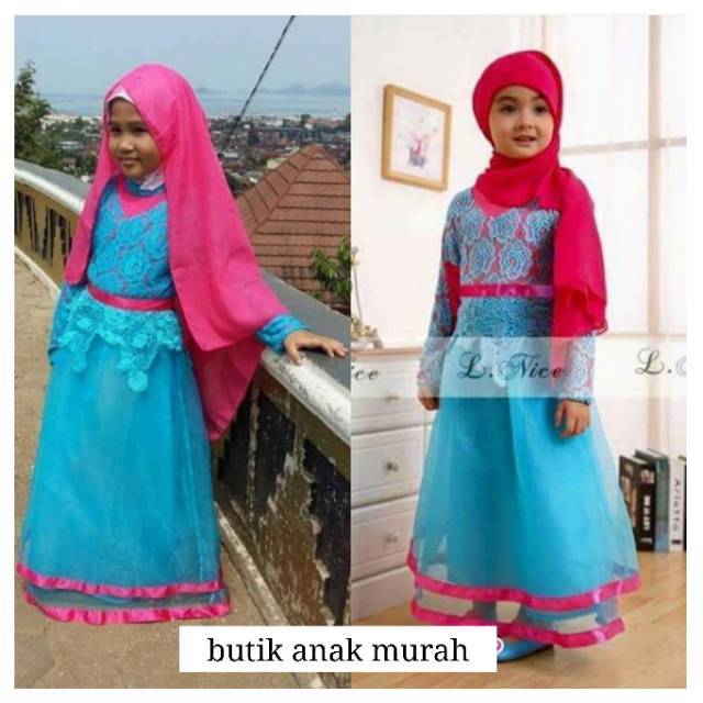L.NICE GAMIS BROKAT BIRU + PASHMINA