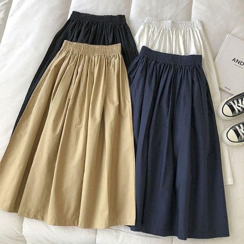 ROK JACKLYN SKIRT HS KATUN LINEN PINGGANG KARET Rok Wanita Terbaru 2023 Rok Katun Skirt Panjang 64 cm Korean Style Rok Motif Kotak Rok Panjang Kekinian Rok Polos Rok Rample BEST SELLER Ready Stok Putih Hitam Navy Moka