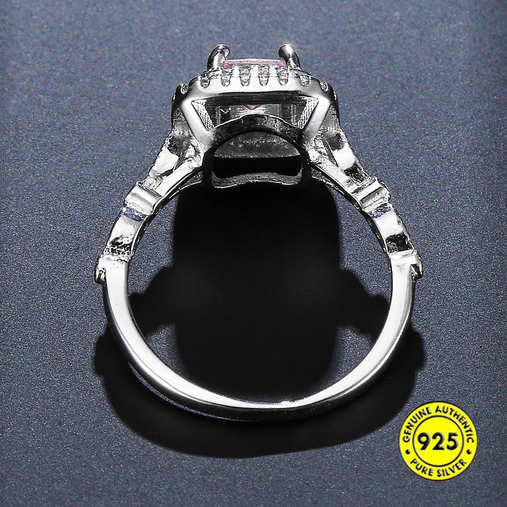 S925 Silver Ring Pink Color Gold Micro-Inlaid Square Diamond Female