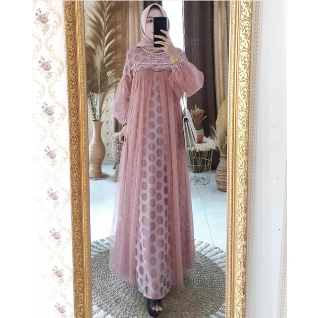 Gamis ozias Sakura tangan balon mutiara premium Gamis Lebaran pesta busui tangan balon braismade