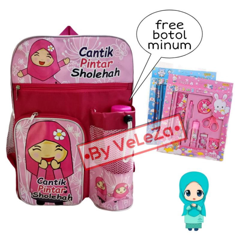 Tas anak ransel perempuan muslimah gratis paket pinsil jam tangan botol minum - tas anak