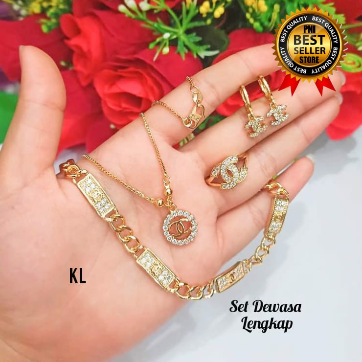 Set TITANIUM Dewasa Permata 4Plat varian Motif Perhiasan Wanita Gold dan Silver (COD)