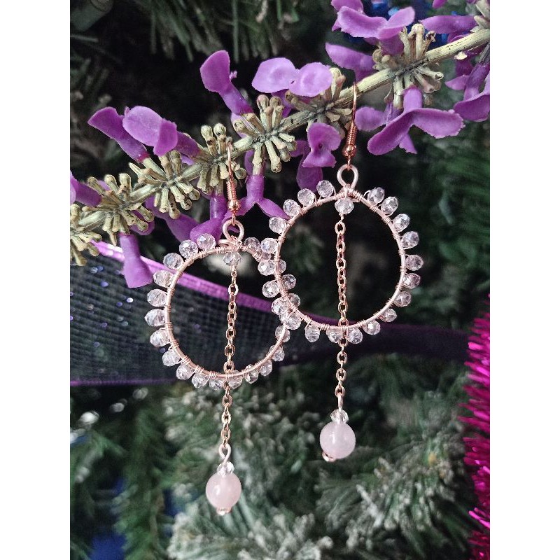 Anting Cheko Kristal Merah muda & Batu Alam Merah muda