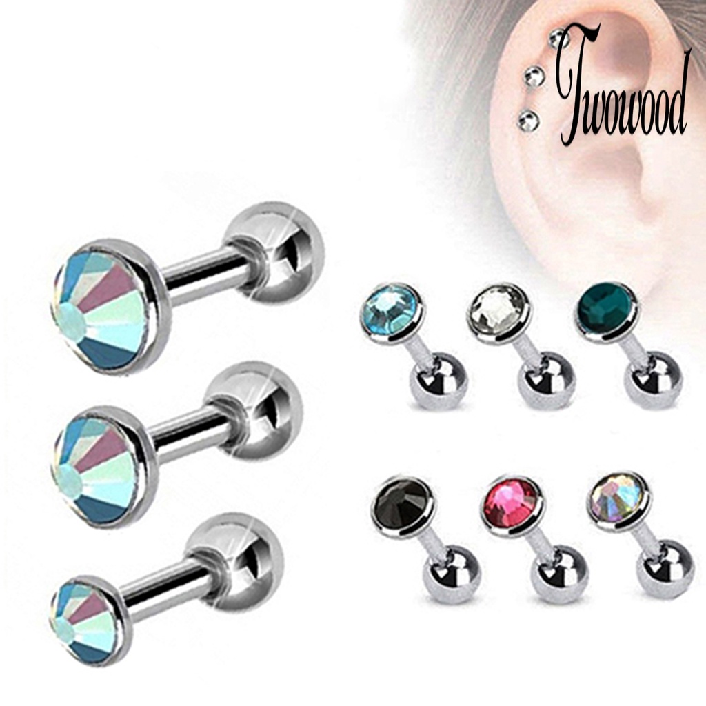 3pcs / Set Anting Stud Berlian Imitasi Bentuk Bulat Bahan Stainless Steel Untuk Wanita