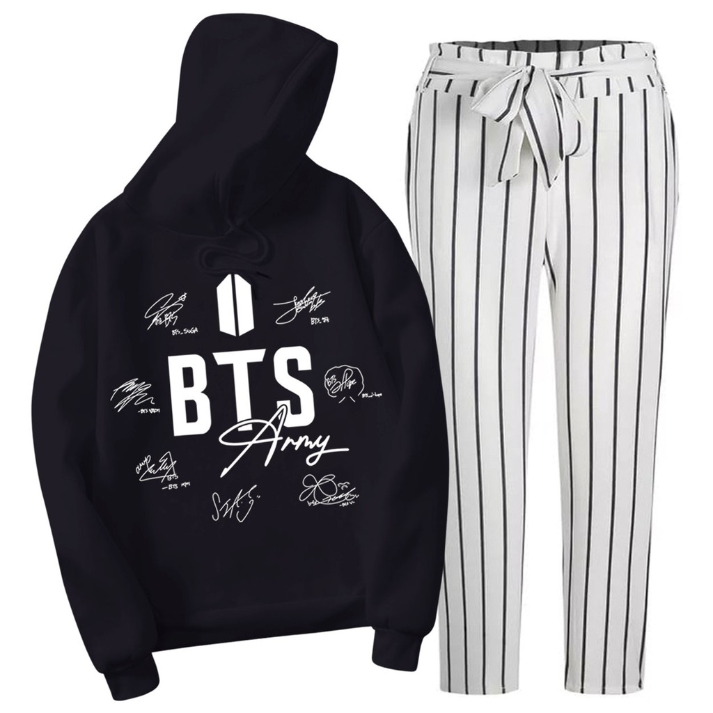 BESS - Baju Setelan Wanita Murah / Setelan Hoodie + Celana Salur Putih - ARMY TTD