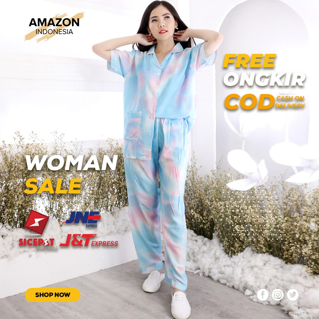 PIYAMA WANITA TIE DIE SATU SET WARNA PINK LENGAN PENDEK CELANA PANJANG BAJU TIDUR WANITA RAYON IMPOR