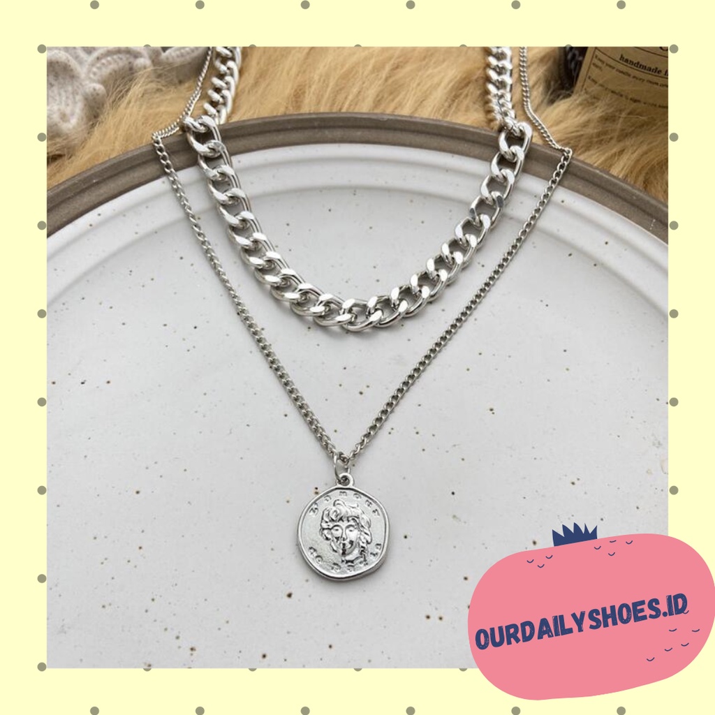 ★ODS★K33 Kalung Rantai CHOKER KOIN Retro 2 Layer