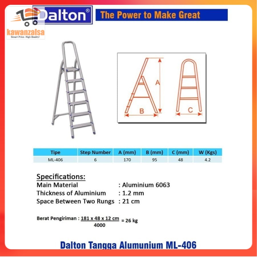 Tangga Lipat Terbaik DALTON ML-406 Aluminium Ladder 6 Wide Steps 1.7m Original