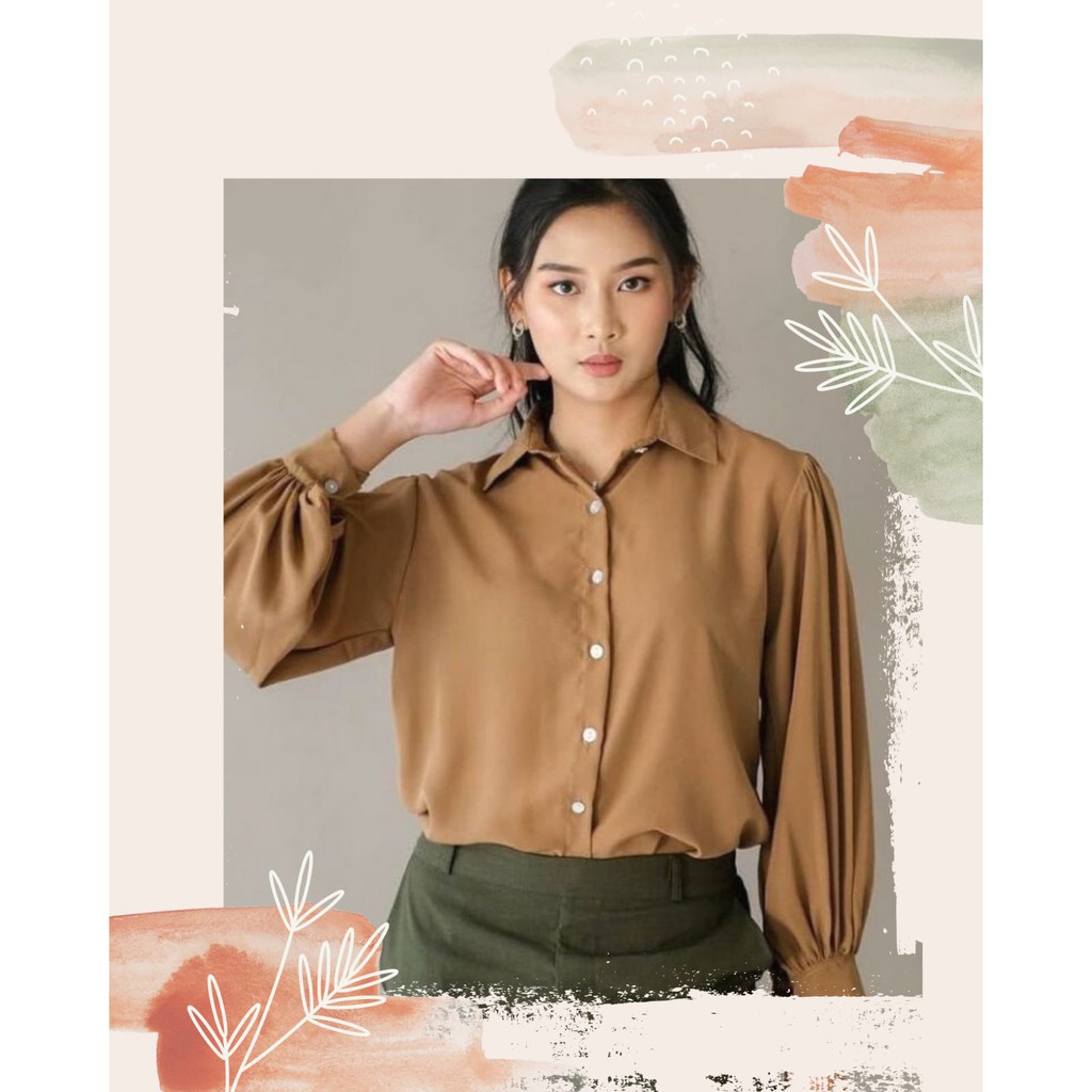KEMEJA WANITA CASUAL POLOS BASIC AUDREY BASIC SHIRT KEMEJA LENGAN BALON POLOS, KEMEJA TANGAN BALON