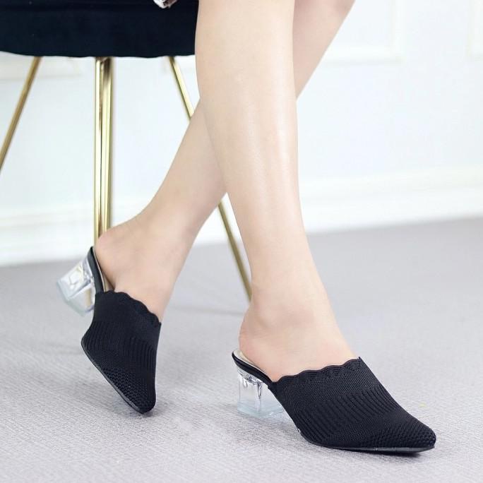 Best Product Sandal Wanita Selop Sorong Hak Tahu Kaca 5Cm Rajut Import - Adc 03 - Paling Diminati
