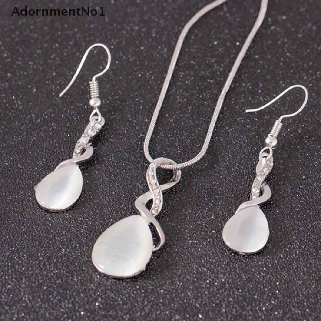 (AdornmentNo1) Set Kalung + Anting Tusuk Gantung Desain Tetesan Air Hias Opal Kristal Untuk Wanita