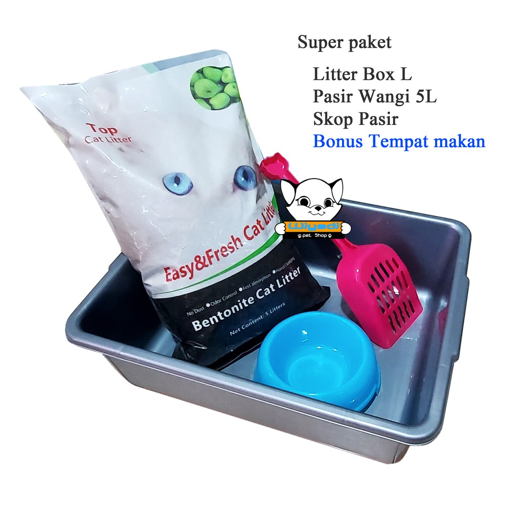 Super Paket Tempat PUP BAK Kotoran Kucing (Litter Box L, Skop dan Pasir Gumpal Wangi 5,5L)