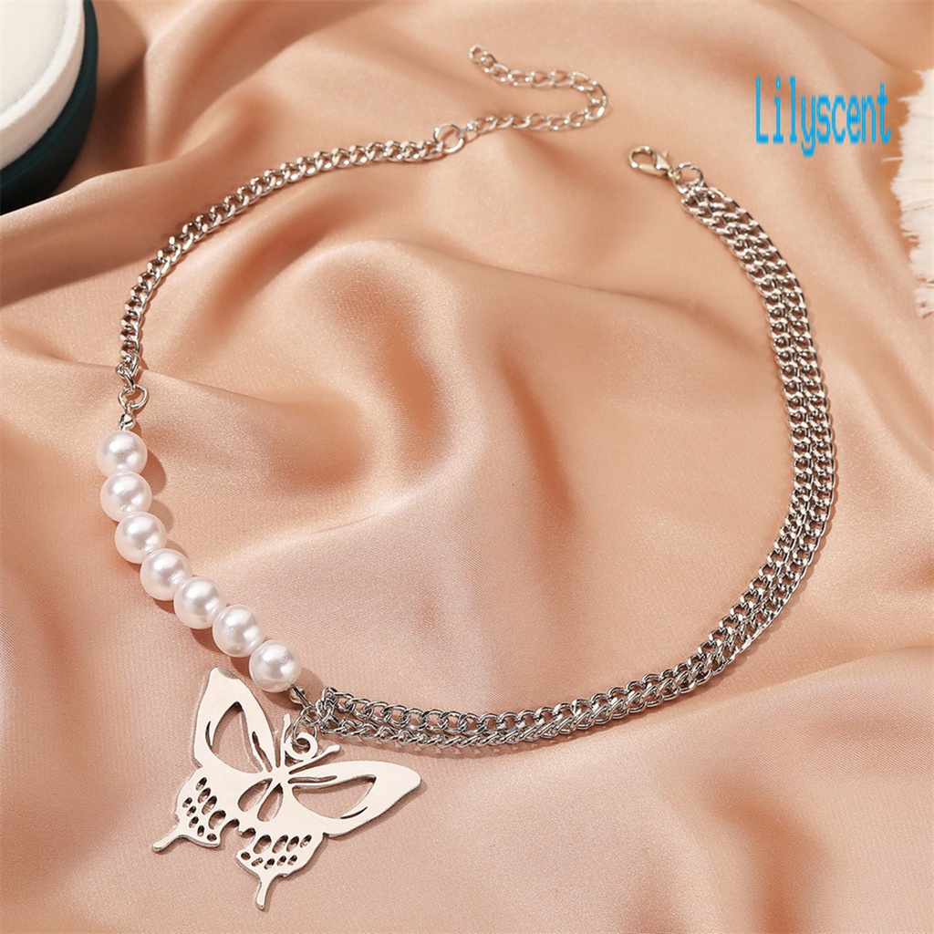 Kalung Choker Double Layer Liontin Kupu-Kupu Aksen Mutiara Imitasi Untuk Wanita