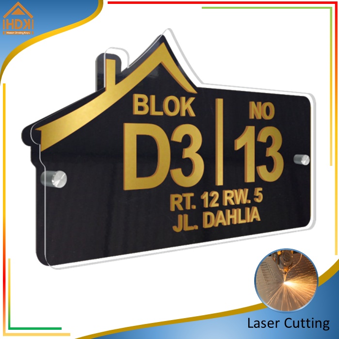 HDK No Rumah Akrilik 3Dimensi Huruf Timbul Papan Nomor Rumah/Nomer Rumah Acrylic/Huruf Gold/Putih 2L