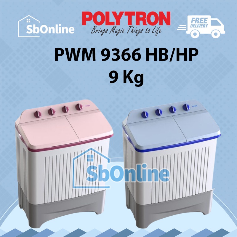 POLYTRON Mesin Cuci 2 Tabung 9 Kg - PWM 9366 HB/HP