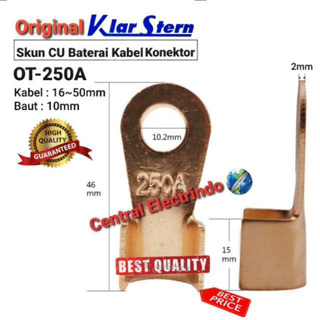 Skun Kabel CU KlarStern OT-250A Kabel 16~50mm Baut 10mm Baterai Kabel Konektor.